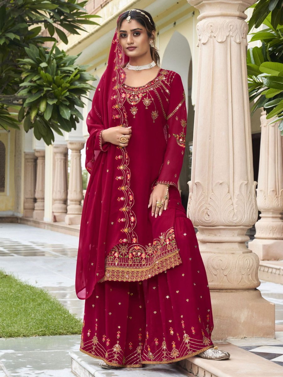Magenta Embroidered Partywear Sharara-Style-Suit - Inddus.com