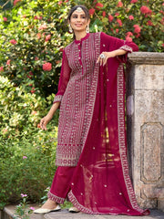 Magenta Embroidered Partywear Straight-Cut-Suit - Inddus.com