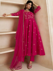 Magenta Floral Embroidered Anarkali Kurta & Trousers & With Dupatta - Inddus.com