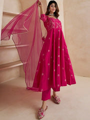 Magenta Floral Embroidered Anarkali Kurta & Trousers & With Dupatta - Inddus.com