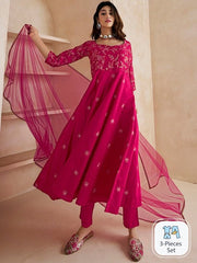 Magenta Floral Embroidered Anarkali Kurta & Trousers & With Dupatta - Inddus.com