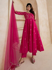 Magenta Floral Embroidered Anarkali Kurta & Trousers & With Dupatta - Inddus.com