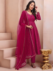 Magenta Floral Embroidered Mukaish Chanderi Cotton Kurta With Trousers & Dupatta - Inddus.com
