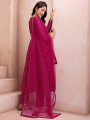 Magenta Floral Embroidered Mukaish Chanderi Cotton Kurta With Trousers & Dupatta - Inddus.com