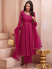Magenta Floral Embroidered Mukaish Chanderi Cotton Kurta With Trousers & Dupatta - Inddus.com