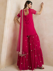Magenta Floral Embroidered Straight Kurti & Sharara With Dupatta - Inddus.com