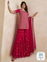 Magenta Floral Embroidered Straight Kurti & Sharara With Dupatta - Inddus.com