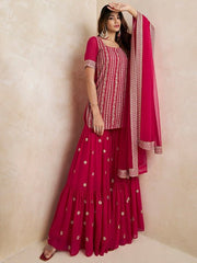 Magenta Floral Embroidered Straight Kurti & Sharara With Dupatta - Inddus.com