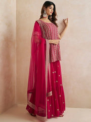 Magenta Floral Embroidered Straight Kurti & Sharara With Dupatta - Inddus.com