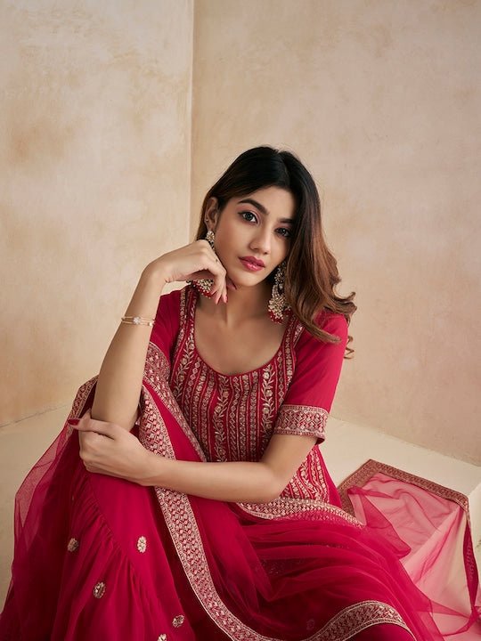 Magenta Floral Embroidered Straight Kurti & Sharara With Dupatta - Inddus.com