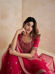 Magenta Floral Embroidered Straight Kurti & Sharara With Dupatta - Inddus.com