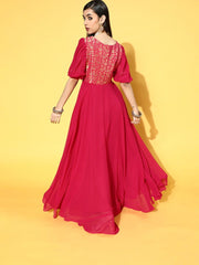 Magenta Georgette Partywear Ethnic Motifs Dresses - Inddus.com