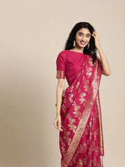Magenta & Gold-Toned Silk Blend Woven Design Banarasi Saree - Inddus.com