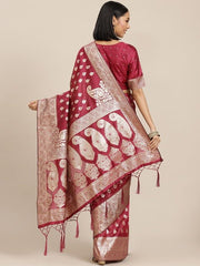Magenta & Golden Woven Design Silk Blend Banarasi Saree - Inddus.com