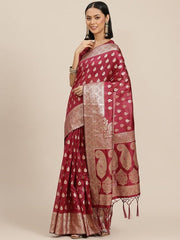 Magenta & Golden Woven Design Silk Blend Banarasi Saree - Inddus.com