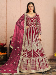 Magenta Net Festive Wear Anarkali Suit - Inddus.com