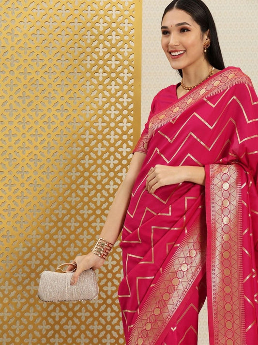 Magenta Pink and Gold Chevron Zari Woven Saree - Inddus.com