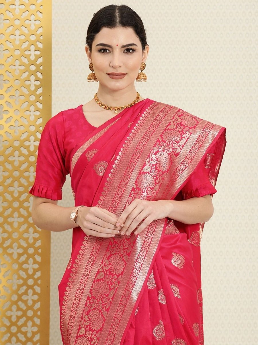 Magenta Pink and Gold Ethic Motifs Zari Woven Traditional Saree - Inddus.com