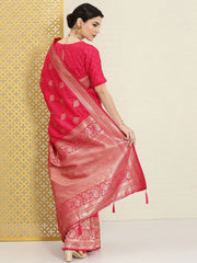 Magenta Pink and Gold Ethic Motifs Zari Woven Traditional Saree - Inddus.com