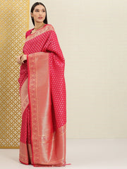Magenta Pink and Gold Ethnic Motifs Zari Woven Saree - Inddus.com