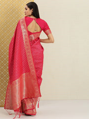 Magenta Pink and Gold Ethnic Motifs Zari Woven Saree - Inddus.com