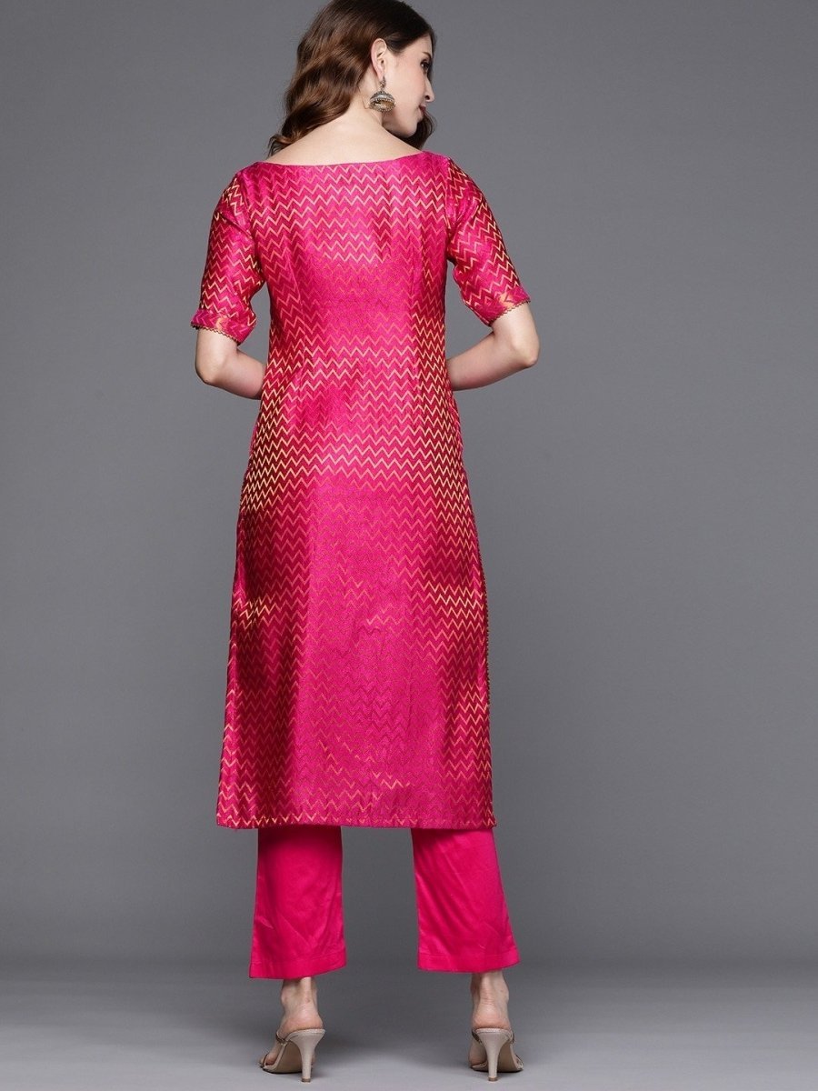 Magenta Pink Chevron Woven Kurta with Pants - Inddus.com
