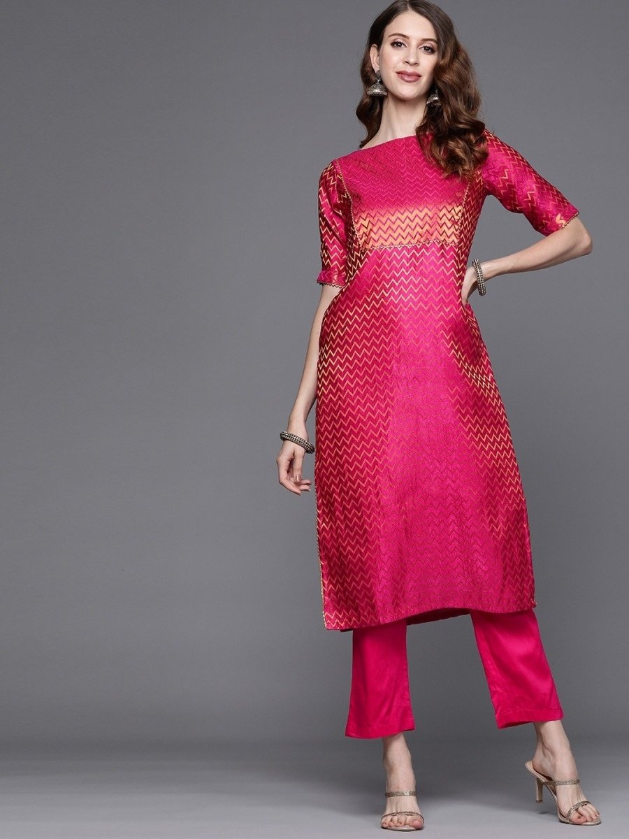 Magenta Pink Chevron Woven Kurta with Pants - Inddus.com