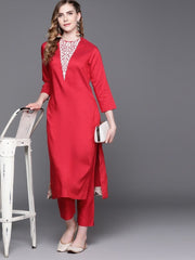 Magenta Pink Embroidered Kurta with Pants - Inddus.com