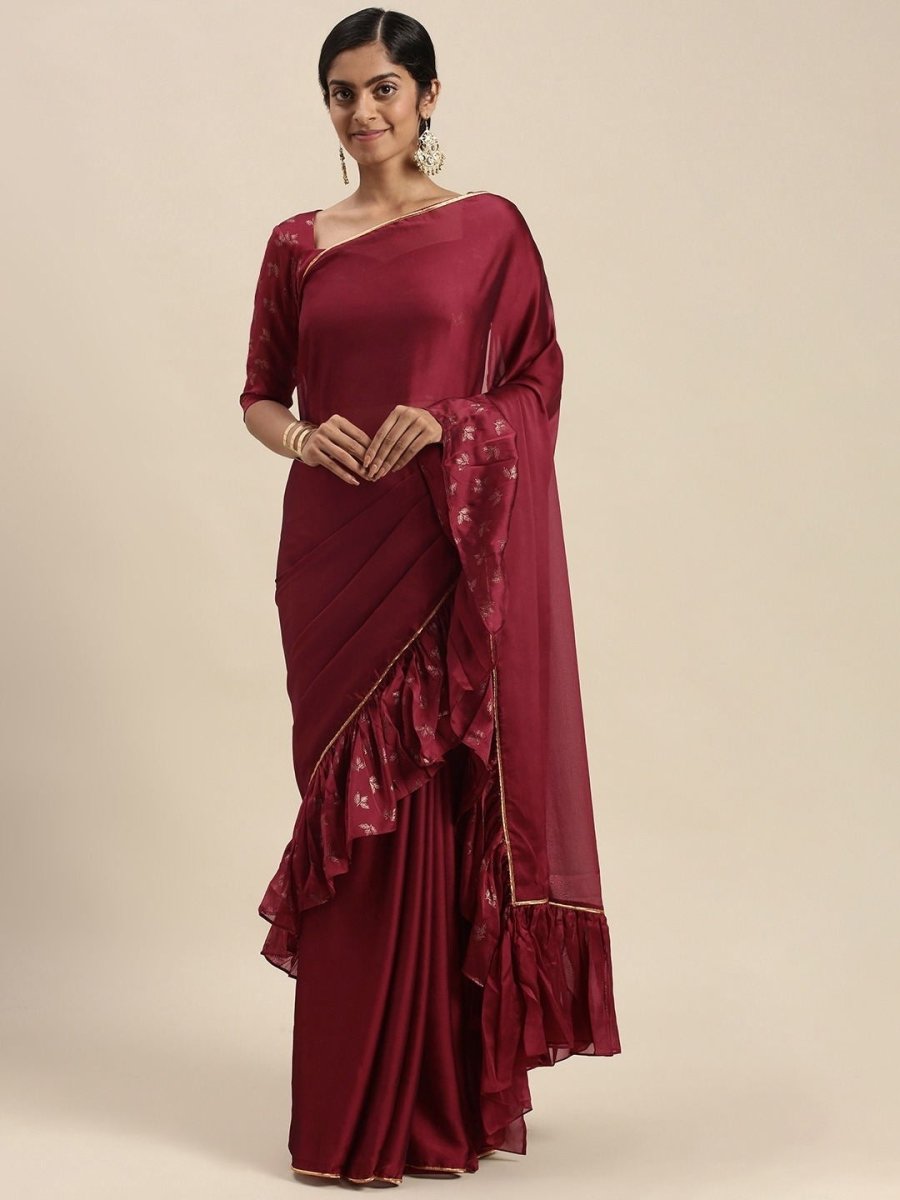 Magenta Pink Foil Print Ruffled Saree - Inddus.com