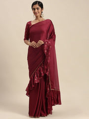 Magenta Pink Foil Print Ruffled Saree - Inddus.com