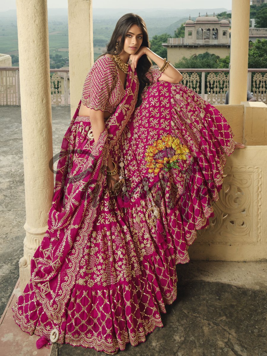Magenta Pink Hand Embroidered Lehenga Choli Set - Inddus.com