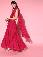 Magenta Pink Lehenga Saree with Ruffle Pattern - Inddus.com