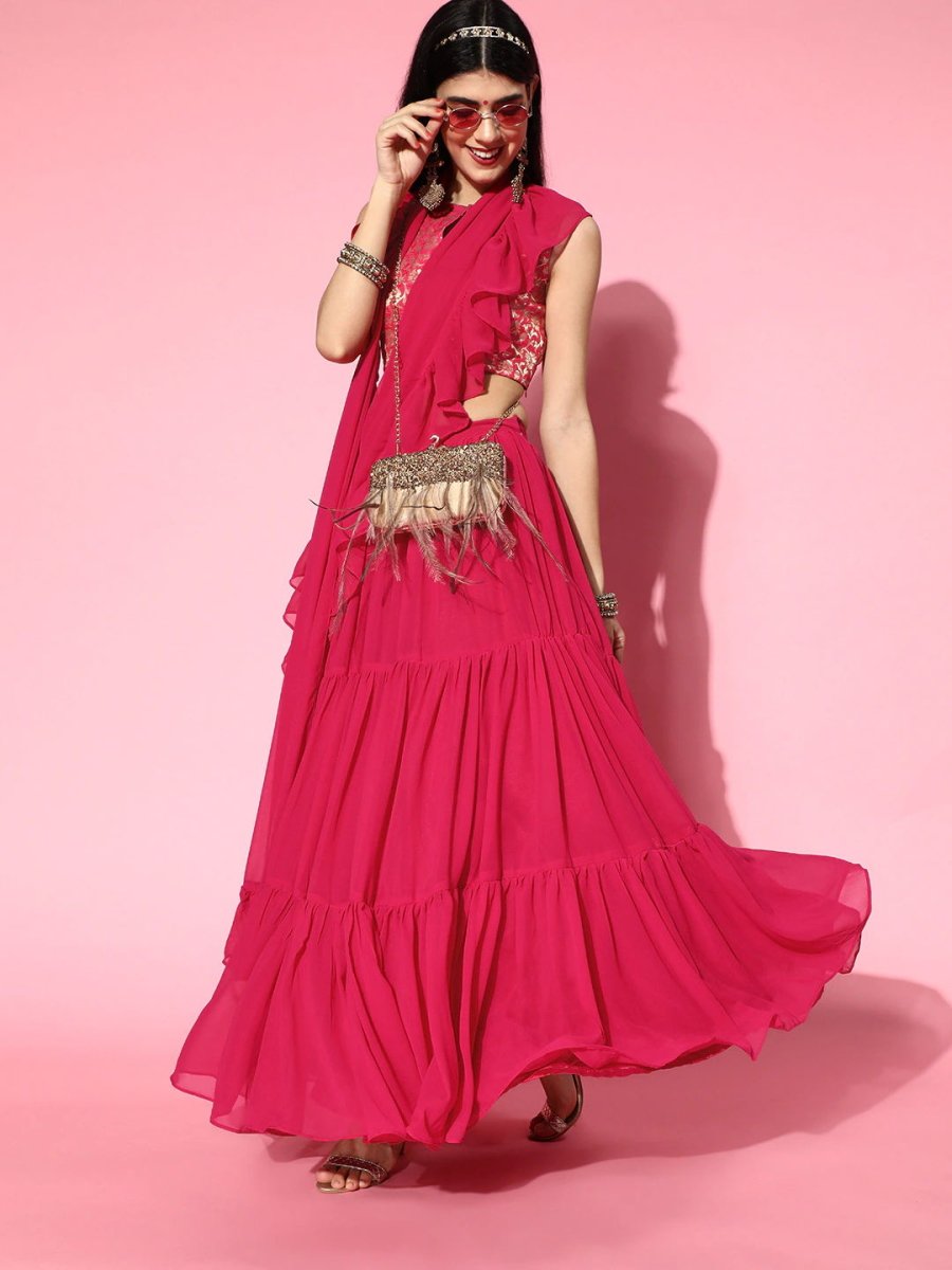 Magenta Pink Lehenga Saree with Ruffle Pattern - Inddus.com