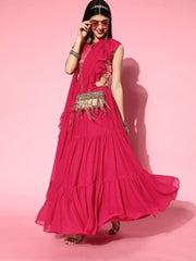 Magenta Pink Lehenga Saree with Ruffle Pattern - Inddus.com