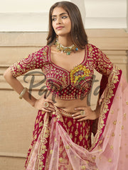 Magenta Pink Multi thread and Sequinned Embroidered lehenga - Inddus.com