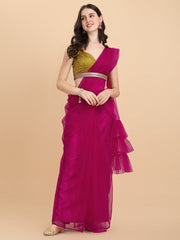 Magenta Pink Net Ruffle Saree & Embellished Belt - Inddus.com