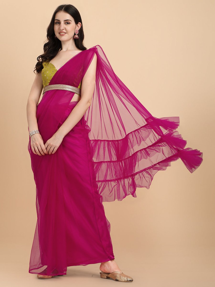 Magenta Pink Net Ruffle Saree & Embellished Belt - Inddus.com