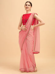 Magenta Pink Net Saree with Sequinned Embroidered Blouse - inddus-us