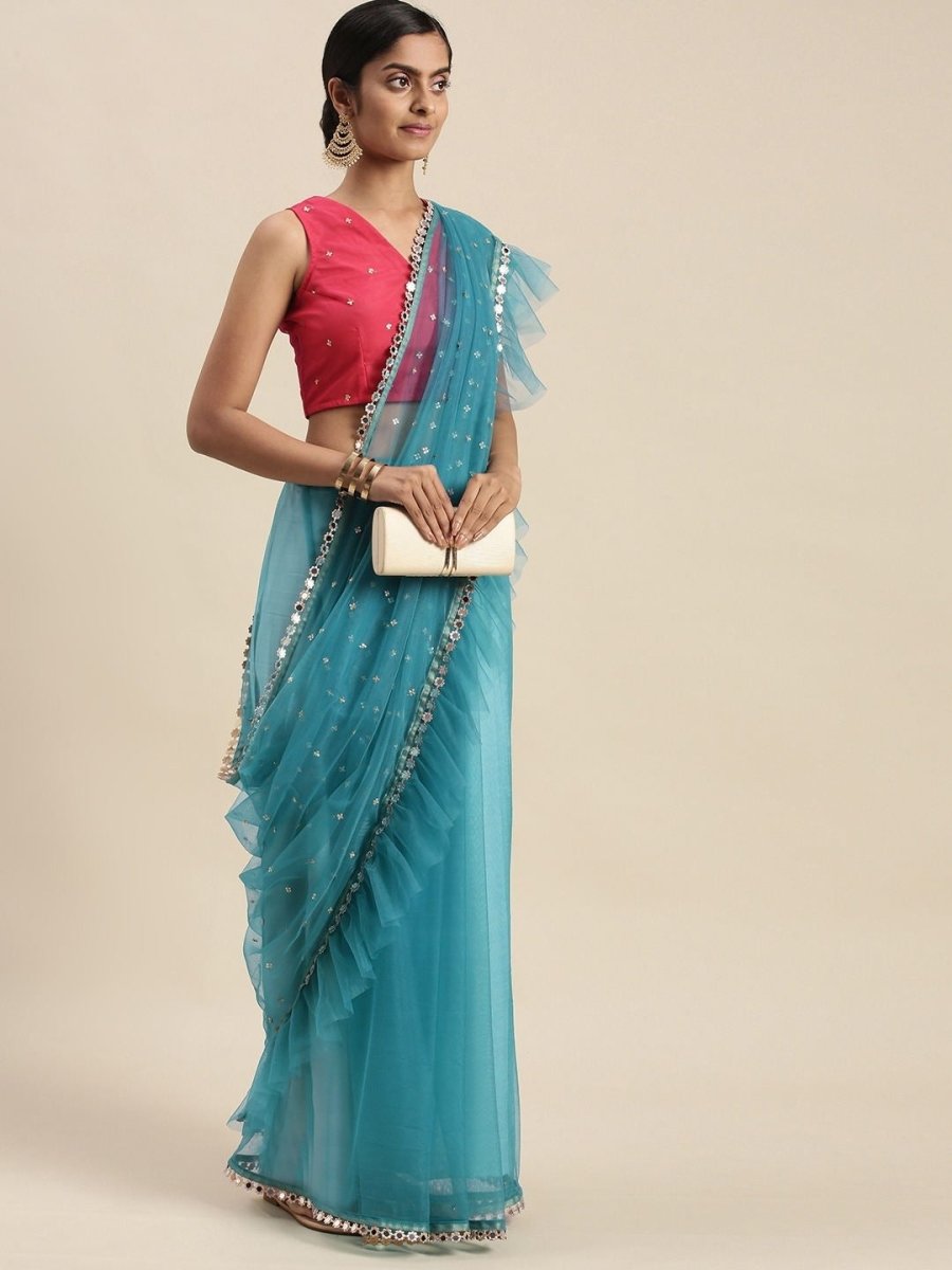 Magenta Pink Net Sequinned Embroidered Ruffled Saree - Inddus.com
