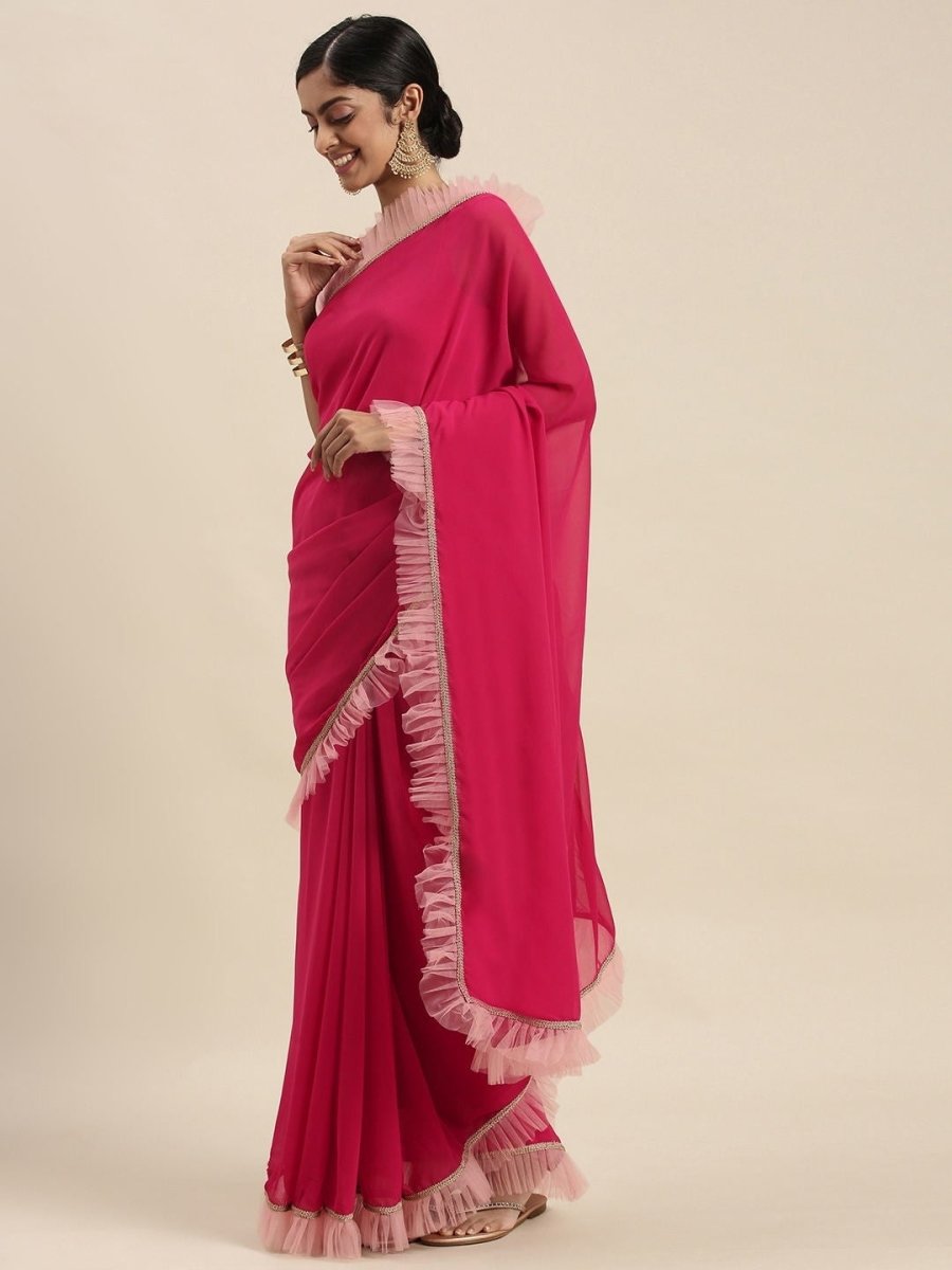 Magenta Pink Pleated Ruffle Saree - Inddus.com