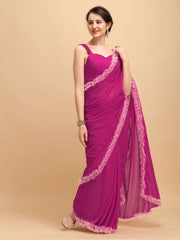 Magenta Pink Solid Ruffled Saree - inddus-us