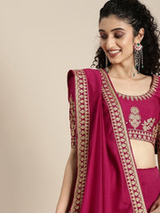 Magenta Pink Solid Silk Blend Embroidered Border Saree - Inddus.com