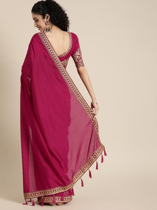 Magenta Pink Solid Silk Blend Embroidered Border Saree - Inddus.com