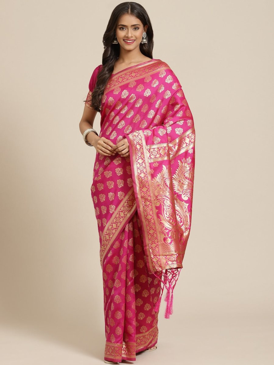Magenta Pink Zari Woven Banarasi Saree - Inddus.com
