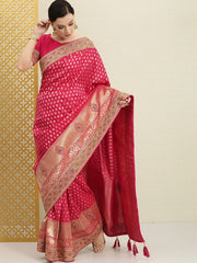 Magenta Pink Zari Woven Embroidered Saree - inddus-us