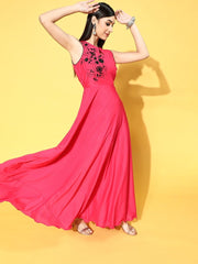 Magenta Polyester Partywear Solid Dresses - Inddus.com