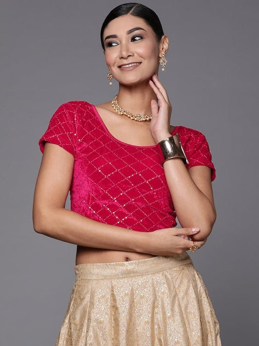 Magenta Sequined Velvet Stretchable Saree Blouse - Inddus.com
