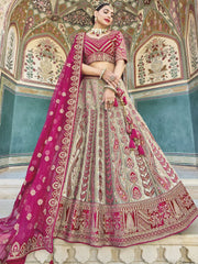 Magenta Velvet Embroidered Lehenga Choli - Inddus.com