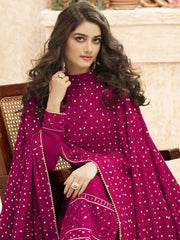 Magneta Pink Georgette Embroidered Straight Cut Suit - inddus-us