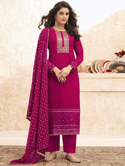 Magneta Pink Georgette Embroidered Straight Cut Suit - inddus-us